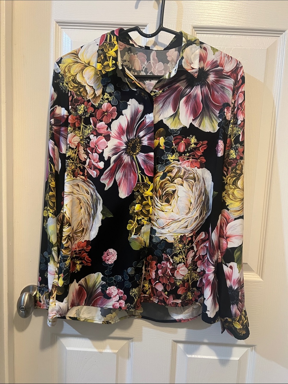Express Black Floral Button-Down Shirt with Pink, Yellow and Cream Blooms